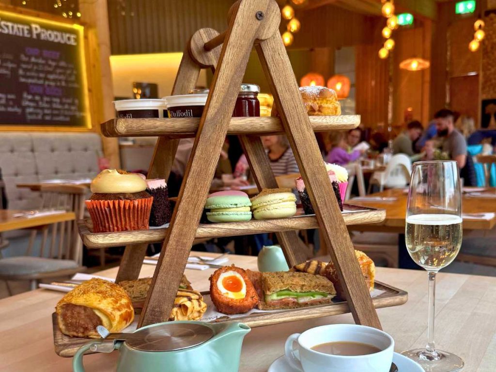 Selection of cakes, sandwiches and scones arranged for afternoon tea