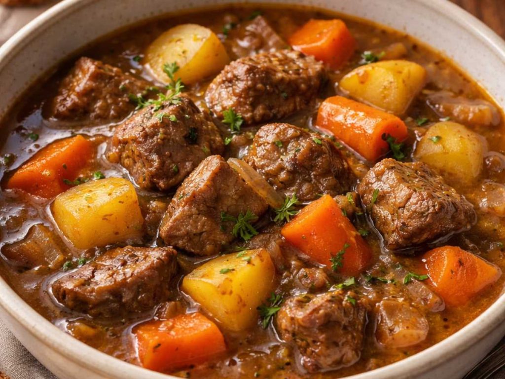 Penllyn Estate lamb stew with tender slow-cooked Welsh lamb, root vegetables and fresh herbs in a rustic bowl at Forage Farm Shop & Kitchen.