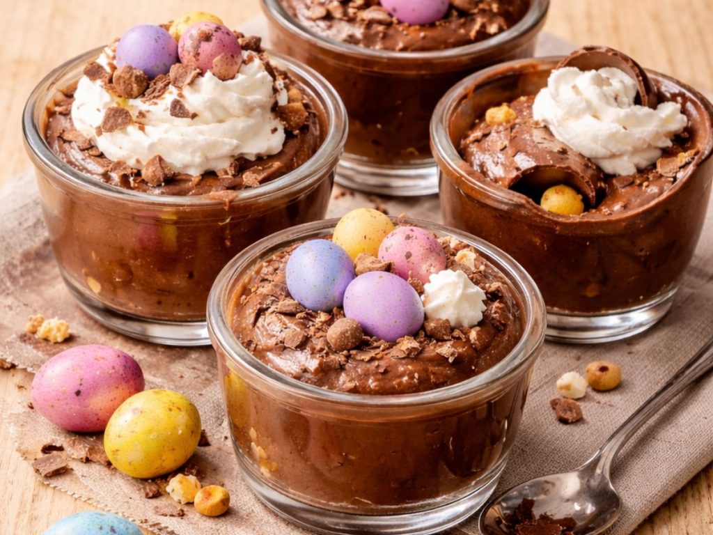 Extra Easter chocolate mousse topped with chocolate shavings and mini eggs, served in a glass dessert pot at Forage Farm Shop & Kitchen.