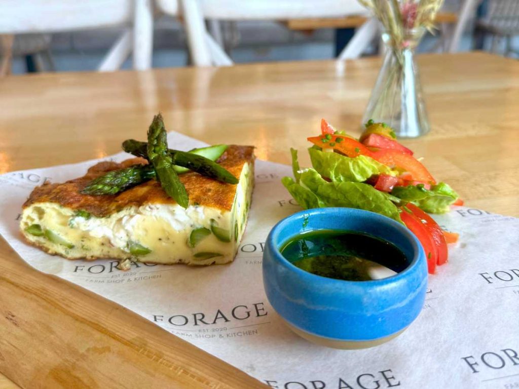 Fresh goats cheese and asparagus frittata served at Forage Farm Shop in South Wales