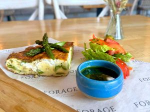Fresh goats cheese and asparagus frittata served at Forage Farm Shop in South Wales