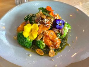 Sweet potato gnocchi with basil pesto and Snowdonia Purple Vale cheese served at Forage Farm Shop & Kitchen.